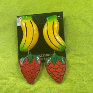 Banana & Strawberry , Wood Hand painted Earrings.